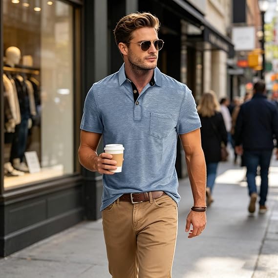 Men’s Solid Color Lapel Short Sleeve Polo Shirt
